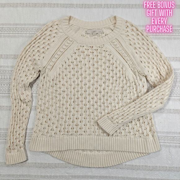 LOFT Cream Pointelle Knit Sweater Pullover Size Large Petite - Picture 1 of 6